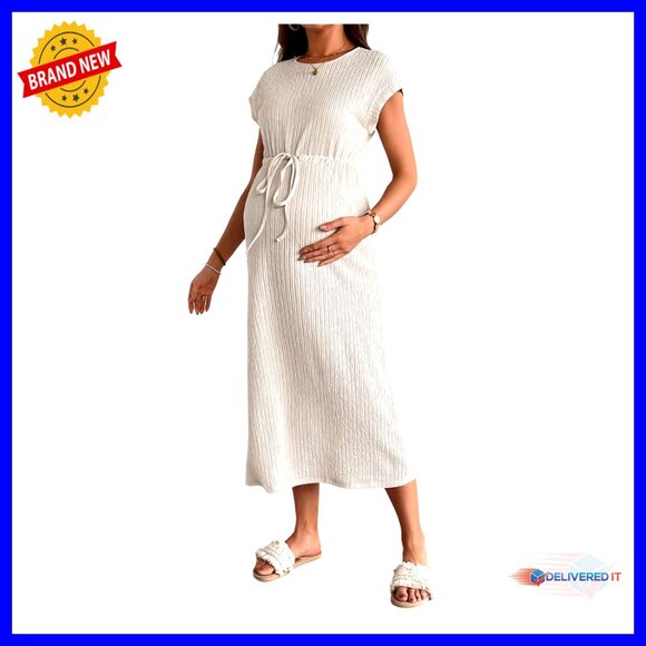 Maternity Midi Dress Drawstring Waist Textured Summer Casual T-Shirt Dress